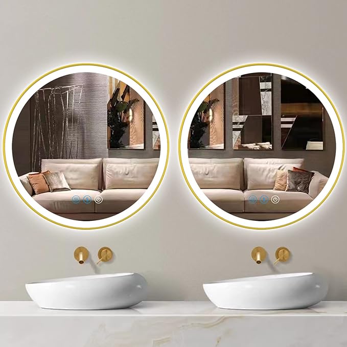 24 Inch Gold Bathroom Round LED Mirror with Lights Gold Frame Round Lighted Mirror for Bathroom Wall Round Vanity Lighted Mirrors 3 Color Dimmable Anti Fog Bathroom Circle Light up Smart Mirror