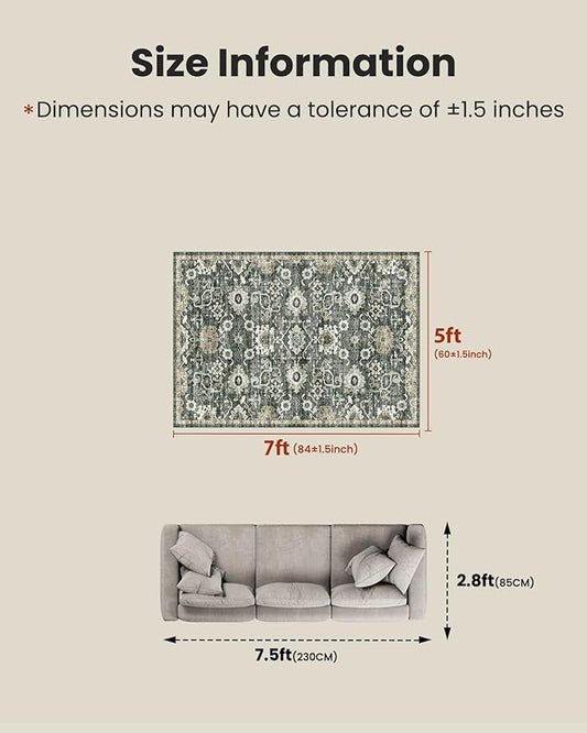 AMADA HOMEFURNISHING 5x7 Area Rugs, Washable Living Room Rug Low-Profile with Non-Slip Backing & Durable Edge Binding, Vintage 5x7 Rugs for Living Room, Bedroom, Dining Room