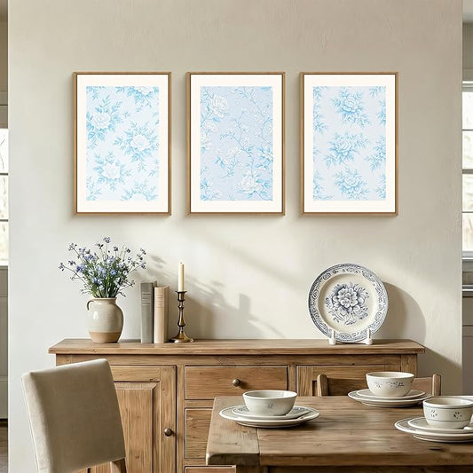 HPNIUB Blue and White Chinoiserie Floral Framed Wall Art Set,Classic Minimalist Wall Decor,Elegant Flowers Art Print,Watercolor Botanical Wildflower Artwork for Living Room, Bedroom,Office-24''x36''x3