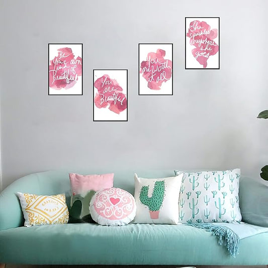 Set of 4 Framed Motivational Wall Art Quote Pink Woman's Room Home Decor, Canvas Painting Posters Print Pictures Positive Words for Office Bedroom Decoration