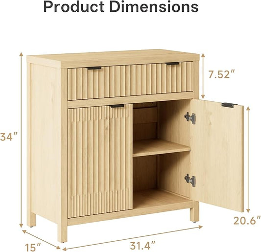 Fatmok Fluted Buffet Cabinet with Storage, 34" Tall Modern Arched Sideboard Cabinet w/AdjustableShelves,Wooden Modular Coffee Bar for Dining Room, Kitchen, Living Room, Entryway, Natural