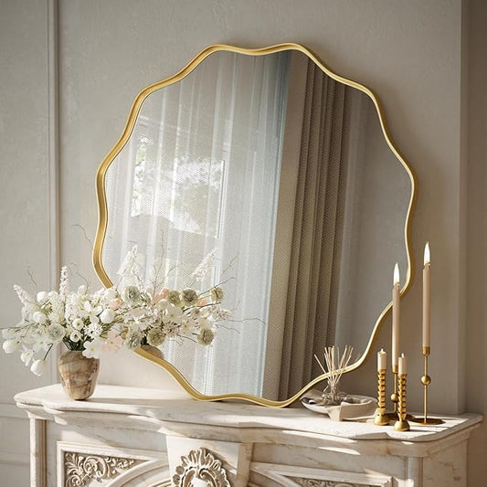 VooBang Gold Scalloped Circle Mirror, 30" Wavy Edge Round Wall Mirror with Tempered Glass Textured Circular Metal Deep Frame, Hanging Leaning for Bathroom, Hallway, Entryway, Livng Room