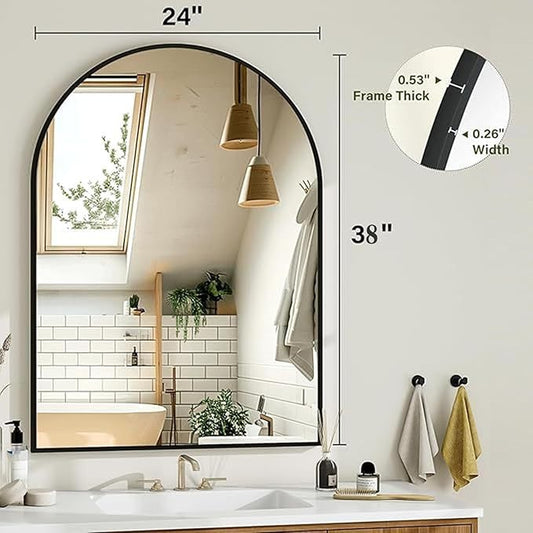 Rowjut Arched Wall Mirror 38"x24"Window Mirrors Decorative Wall & Iron Framed Bathroom Mirror, Arched Top Wall Mirror for Entryway. Living Room, Bedroom, Fireplace .(Black