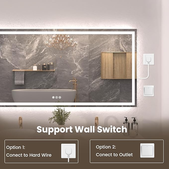 Snowdool 72"X36" LED Bathroom Mirror with Front Lights and Backlit, Anti-Fog, Dimmable, Shatter-Proof Tempered Glass, Lighted Bathroom Vanity Mirror for Wall with 3 Colors, Memory Function