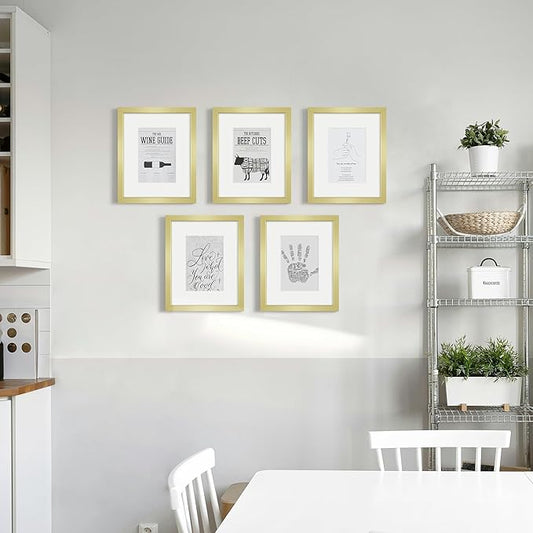 8x10 Picture Frame Sef of 10, Display Pictures 5x7 with Mat or 8 x 10 Without Mat, Photo Frame Collage for Wall Gallery Decor, Hanging or Tabletop Display, Gold