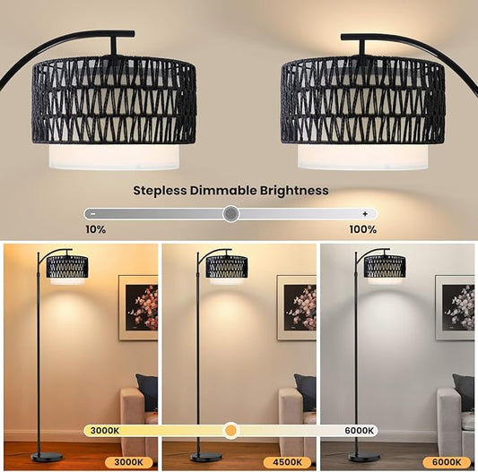 Yusist Arc Floor Lamp for Living Room,Farmhouse Floor Lamps with Remote Control & Dimmable Bulb,Black Rattan Boho Tall Standing Lamp for Bedroom Office