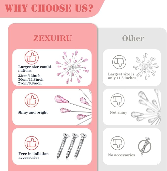 ZEXUIRU 4 Pcs Pink Starburst Wall Decor Metal Bling Wall Art Crystal Accents 3D Modern Decoration Glam Hanging Sculptures for Living Room Bedroom Office Teen Girl Room – Easy to Hang Home Decor Set
