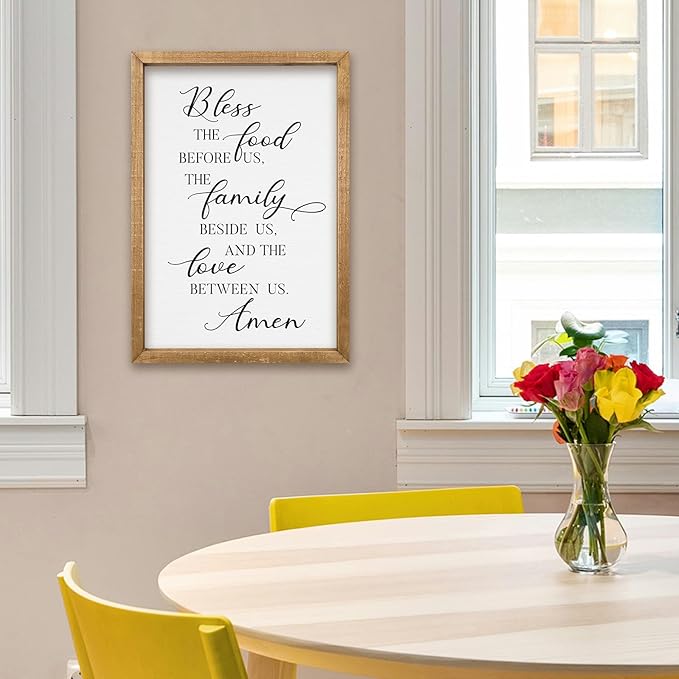 comurdyo Kitchen Wall Decor Bless the Food Before Us Prayer Farmhouse Christian Sign 16"×11" Framed Wood for Small Modern Religious Holy Dining Room Kitchen Plaque Wall Art Hanging (Wood)