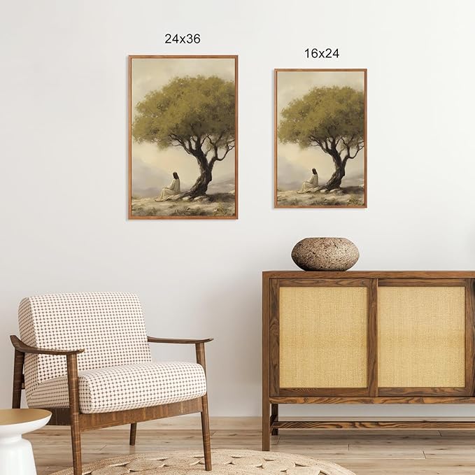 HLNIUC Jesus Sitting Under Olive Tree Canvas Wall Art,Religious Christian Wall Decor(24x36x3),Easter God Bible Story Framed Artwork,Vintage Garden of Gethsemane Prints for Church,Living Room,Bedroom