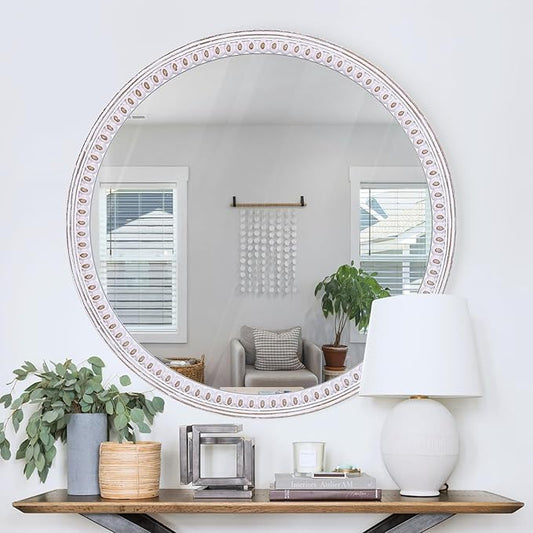 30 Inch Rustic Farmhouse Round Wood Mirror for Wall Decor, Boho Decorative Circle Mirrors for Bathroom Over Sink, Entryway, Living Room& Bedroom