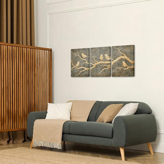 Artmyharbor Bird Prints Painting Triptych Wall Art Gold Bird Wall Decor