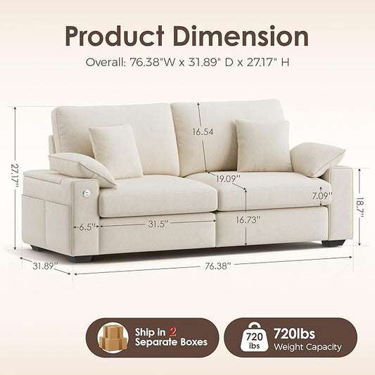 76" Modern Loveseat Couches for Living Room, Comfy Loveseat Sofa with Deep Seat Couch, USB/Type-C Port, Side Storage, Removable Cover, Small Couches for Living Room, Beige