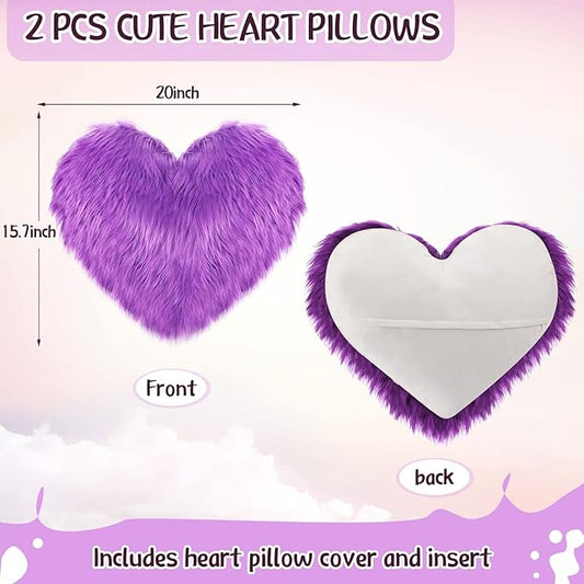 Enhon 2 Pcs Fluffy Heart Pillows Faux Fur Heart Shaped Plush Pillow Soft 20 x 15.7 Inch Love Throw Pillows with Insert for Decorative Office Home Bedroom Living Room Sofa(Violet)