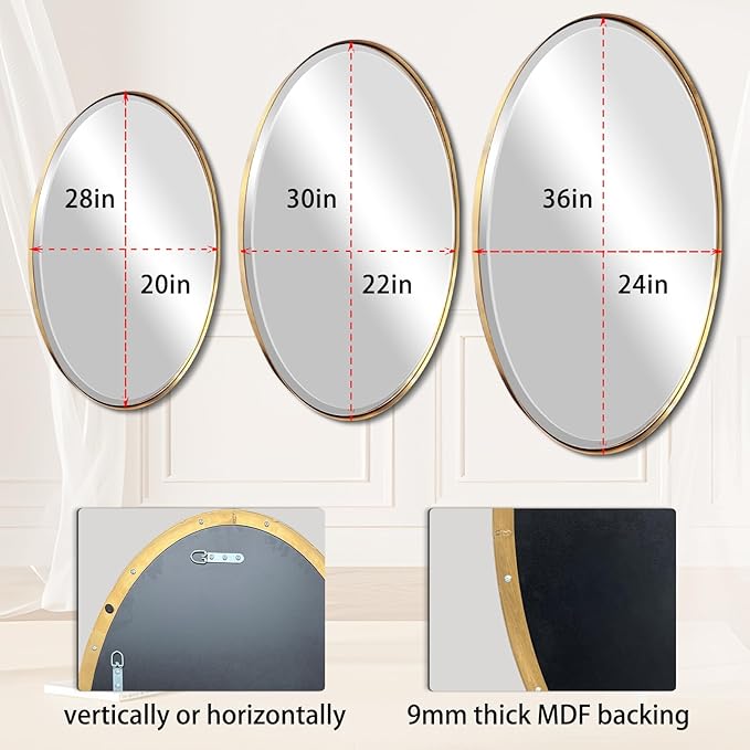 POZINO Oval Beveled Mirror, 20"x28" Brush Gold Vanity Mirror for Over Sink, Modern Brass Wall Mirrors for Bathroom Bedroom Living Room Hallway Entryway, Hangs Vertically or Horizontally