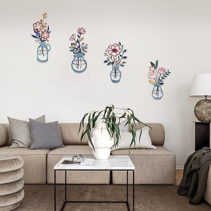 4PCS Metal Flowers Wall Arts Rustic Farmhouse Decor Minimalist Flower Wall Decors Metal Floral Wall Art for Living Room Bathroom Bedroom Dining Room (Multicolored)
