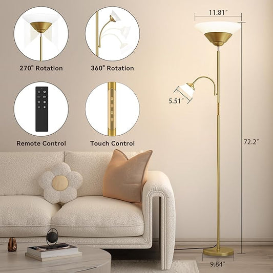 SIBRILLE 2-in-1 Torchiere Floor Lamp, 34W Super Bright LED Standing Lamp with Remote & Touch Control, 72" Dimmable Adjustable Corner Reading Lamp for Living Room, Bedroom, Office, Gold