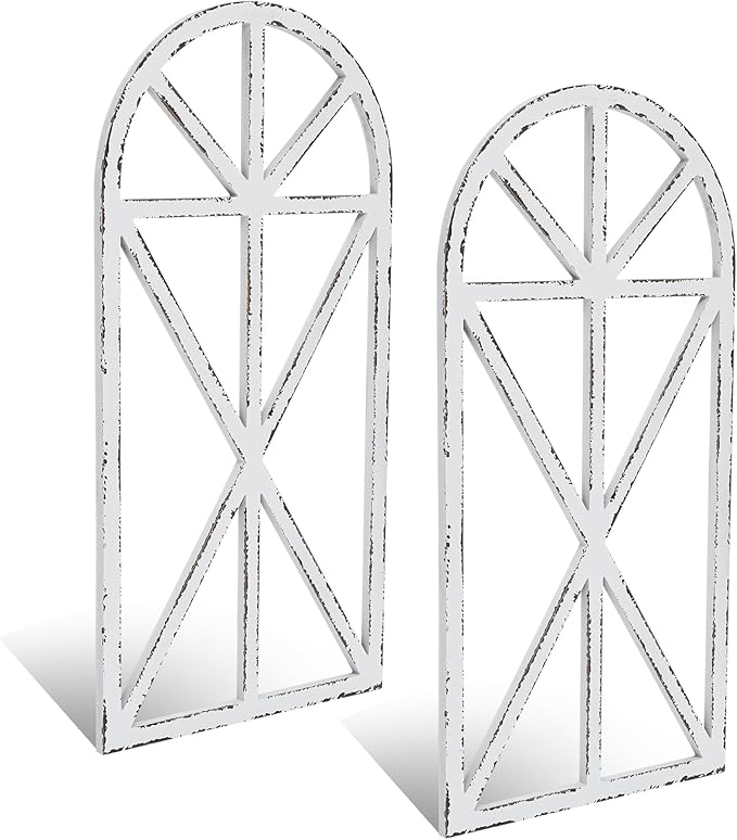 SwallowLiving Set of 2 Large Farmhouse Window Frame Wall Decor, 16x32 Inch Rustic Cathedral Arch Wood Wall Art, Distressed White Faux Church Window Frames for Living Room, Bedroom Entryway (NO WREATH)
