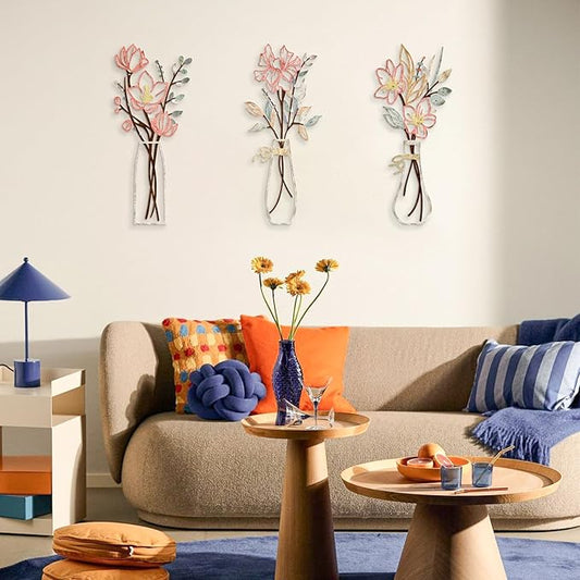 3 Pcs Metal Flowers Wall Arts Rustic Farmhouse Decor Bathroom Wall Decor Metal Wall Decor for Living-room Dining-Room Kitchen Minimalist Decor Housewarming Gifts (Multicolored)
