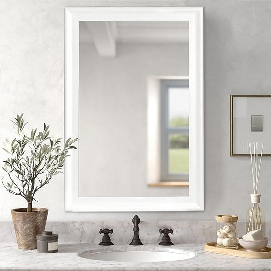 CULER White Wood Wall Mirror for Bathroom,Rectangle 20 x 30 inch Hanging Vanity Mirrors with Wooden Frame for Living Room,Bedroom,Entryway