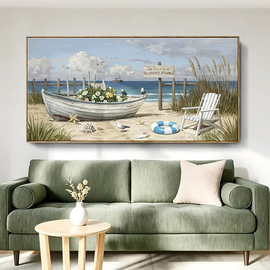 Large Framed Modern Nature Wall Art, Canvas Beach Coastal Landscape Print, Blue Ocean Seaside Decor Painting For Living Room Bedroom Office Dining Room Hallway, Ready To Hang 58X29 Inch
