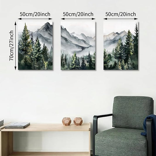 WANGTIAO 3 Panels Framed Canvas Wall Art for Living Room, Abstract Mountain Forest Views Ink Wall Decor for Dedroom Office Wall Paintings Green Landscape Art Prints Pictures Ready to Hang 20"x28"x3
