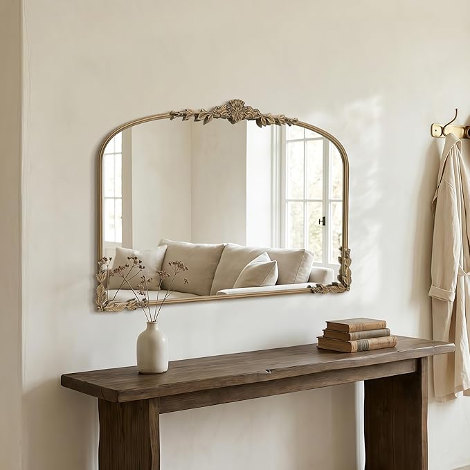 Besdomus Large Gold Arched Mirror: 40"x30" Matt Gold Baroque Vintage Wall Mirror - Traditional Ornate Antique for Bedroom/Fireplace/Entryway/Bathroom/Living Room - Ideal for Fashion-Conscious