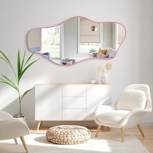Large Irregular Mirror, 54.5"x24" Asymmetrical Tempered Glass Mirror, Pink Modern Organic Frameless Mirrors for Living Room Bedroom Hallway Entryway, Horizontal or Vertical Hanging