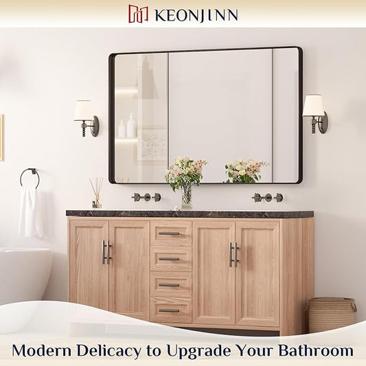 Keonjinn Black Bathroom Mirror for Over Sink, 48 x 30 Inch Rounded Rectangle Vanity Mirror, Sandblasted Finish Matte Black Wall Mirrors, HD Tempered Glass, Anti-Rust Seamless Metal Frame for Restroom