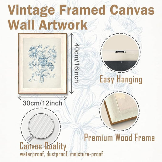ASTRDECOR Framed Vintage Wall Art for Bathroom, Botanical Blue Wall Art for Home Decor Aesthetic, Victorian Blue Rose Bouquet Sketch Painting Floral Canvas Art Prints, Antique Flower Pictures for Living Room - 12''x16''