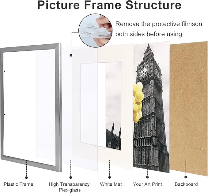 8.5x11 Picture Frame Set of 6, Certificate Document Frame, Diploma Frame, Display Pictures 6x8 with Mat or 8.5x11 Without Mat,Silver