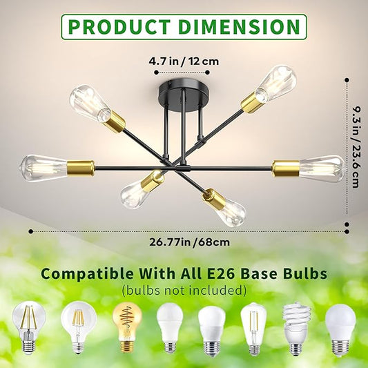 Modern Sputnik Chandelier Ceiling Light Fixtures, 6-Lights 22” Mid Century Industrial Metal Semi Flush Mount for Dining Room, Bedroom, Living Room-Black and Gold