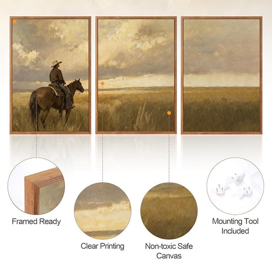 Aurlan Western Cowboy Framed Wall Art(24"x36"), 3PCS Vintage Neutral Southwestern Horse Riding Canvas Artwork, Mid Century Modern Ranch Gobi Desert Landscape Decor for Man Cave Bedroom