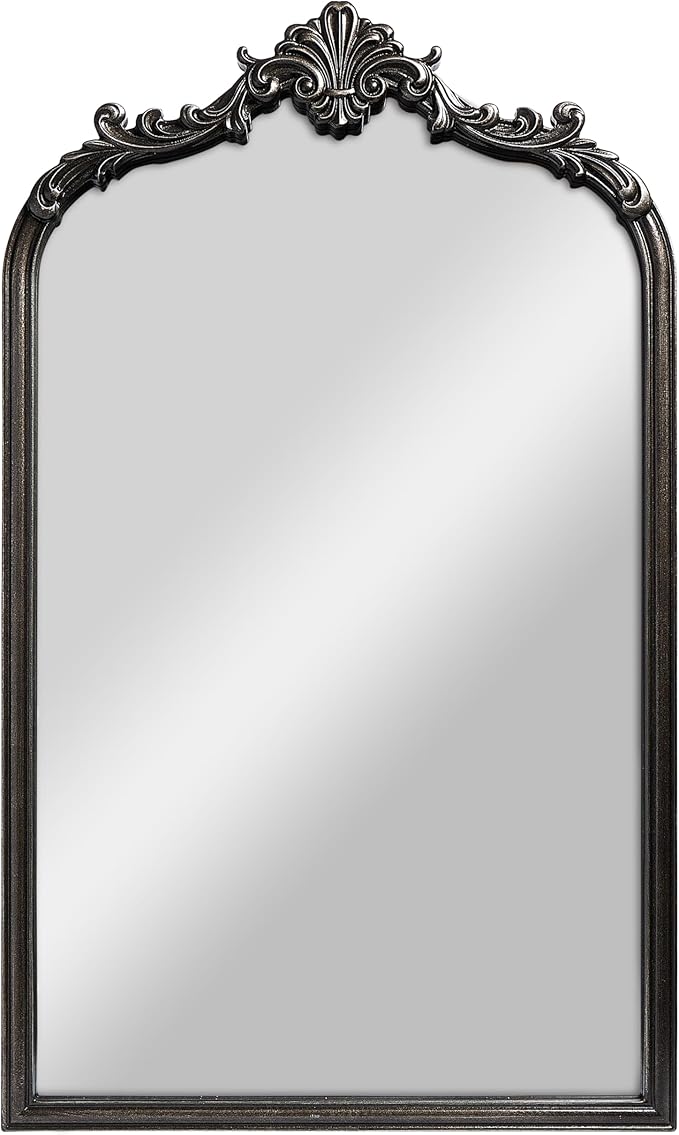 Wylde Iris English Estate Carved Arch Wood Wall Mirror, Mirror for Entryway, Living Room, Bathroom, Distressed Black, 20.4x33