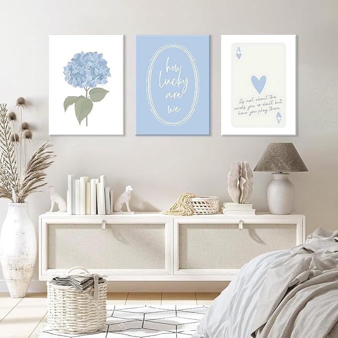 Cshylven Hydrangea Wall Art Set of 3, Blue Floral Canvas Prints, Inspirational Quote Modern Minimalist Botanical Wall Decor, Preppy Baby Blue Aesthetic Pictures for Bedroom Bathroom Dorm 12x16 Framed