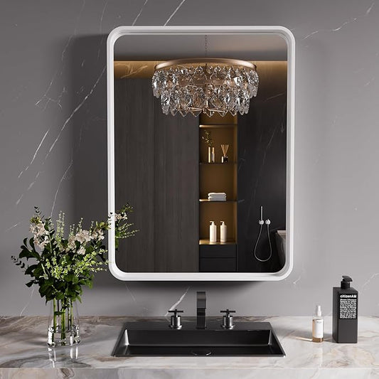JISOSO White Bathroom Mirror 24x36 Inch, White Metal Framed Bathroom Mirror for Wall, Rounded Rectangle Matte Bathroom Vanity Mirror, Tempered Glass, Anti-Rust, Horizontal/Vertical