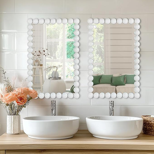 Decorative Beaded Wall Mirror β Modern Rectangular Accent Mirror, 20β³x30β³, for Living Room, Bedroom, Bathroom, Entryway & Office β Available in Gold, Black, & White (White)