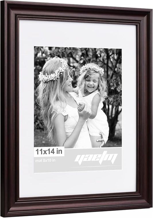 Yaetm 11x14 Picture Frame with Mat for 8x10 Set of 4, 1.4" Wide Molding & Dark Brown Photo Frames 11 x 14 with Tempered Glass for Wall Gallery, Home and Office, Wall Mount (4 pack, Brown)