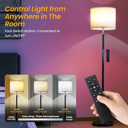 Remote Floor Lamp for Living Room and Bedroom - Modern RGB Standing Lamps Tall with Led Blub and Dimmable Light - 55"-67" Height Adjustable Standing Lamps with Shade for Corner Lighting(Black & Gold)