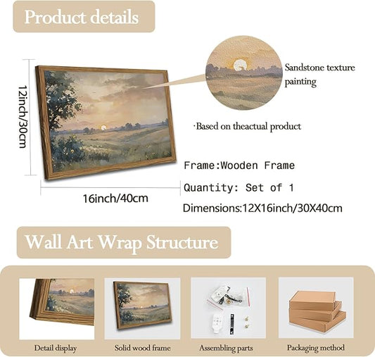 Vintage Sunset Wall Art Rustic Cottagecore Landscape Wall Decor Fall Country Nature Painting Artwork 3D Textured Sandstone for Living Room Bedroom 12x16 Inch Wood Framed