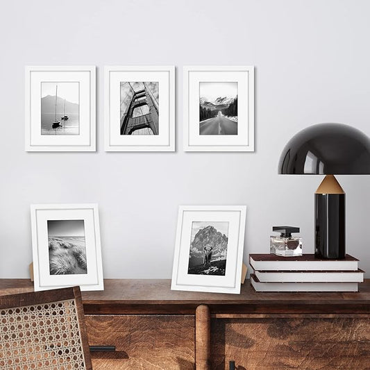 Americanflat 8x10 Picture Frame with Polished Plexiglass - Set of 5 - Use as 5x7 Frame with Mat or Display 8x10 Photo Without Mat - Galleria Collection - Picture Frames for Tabletop and Wall - White