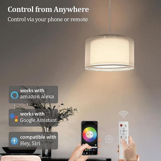 Hanging Lamp Plug in Pendant Light 2 Pack with Remote Control, 15Ft Hanging Lights with Plug in Cord White Double Shade Ceiling Pendant Light for Living Room, Bedroom, Kitchen