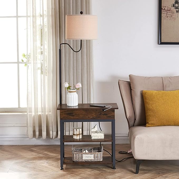 Dungoo Floor Lamp with Table, Narrow End Table with Lamp, Bedside Nightstand with USB & Type-C Ports and 2 Outlets, Rustic Side Table with Storage Shelf, End Table with Lamp for Living Room