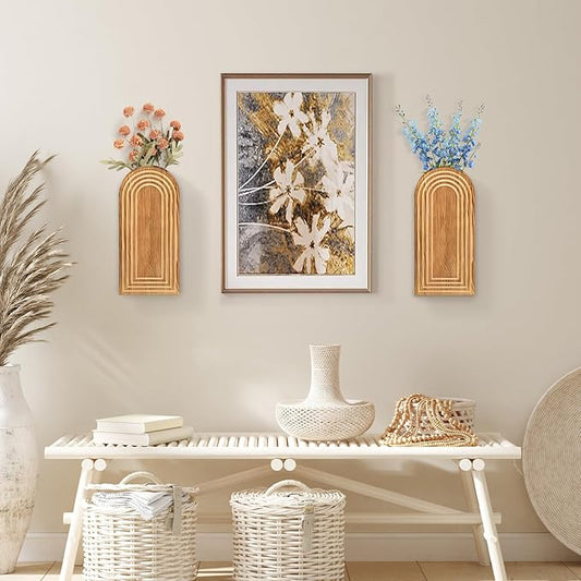 2 Pack Wall Decor Wood Wall Planters for Indoor Plants, Modern Wall Planter for Bathroom, Living Room, Kitchen Decor, Farmhouse Wood Vase for Dried Flowers and Faux Greenery (Rustic Brown)