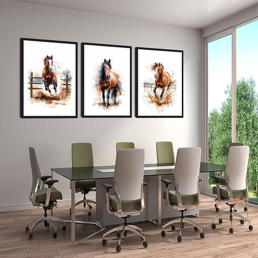 Funny Horses Framed Canvas Wall Art Set of 3 Horse Running Portrait Wall Decor for Country Apartment Living Room Bedroom Modern Rustic Animals Artwork Decoration Easy to Hand 24x36inchx3pcs
