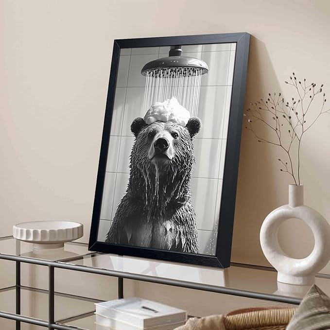 XYHYRA Funny Bear Bathroom Wall Art, Black and White Animal Shower Canvas Print Picture, Cute Bear Taking Bath Poster, Modern Farmhouse Bathroom Restroom Home Wall Decor 16x24 inch Wood Framed