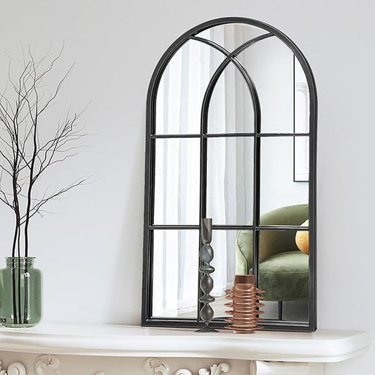 Dewfig Arched Window Wall Mirror, 42"x24", Decorative Mirror, Vanity Mirrors for Bathroom, Bedroom, Entryway, Living Room, Window Pane or Farmhouse Mirrors for Wall Decor, Metal Frame, Black
