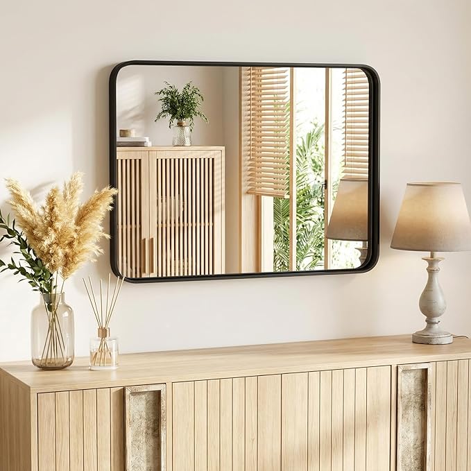 NEWBULIG 32X40 Inch Bathroom Mirror for Over Sink, Wall Vanity Mirrors Tempered Glass, Anti-Rust Metal Framed Rounded Rectangle, Hangs Horizontally or Vertically, Farmhouse Home Decor, Black