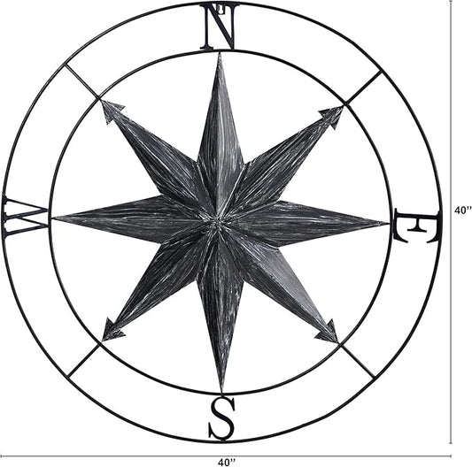 Nearly Natural 40in. Washed Nautical Metal Compass Wall Art Decor, Black, 40.00" x 2.00"
