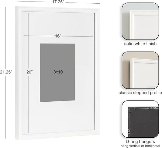 Kate and Laurel Adlynn Coastal Rectangle Picture Frame Set of 3, 16 x 20 matted to 8 x 10, White, Modern Three-Piece Photo Frame Set for Gallery Wall Decor in Living Room Wall Display
