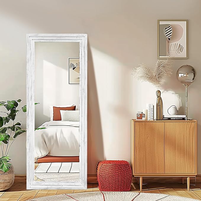 Full Length Mirror 58"x22" Solid Wood Frame Floor Large Mirror for Living Room, Bedroom Hanging or Leaning Wall-Mounted, White